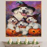 Great Pyrenees Dog Halloween Canvas Wall Art with Pumpkins and Witch Hats Rustic Fall Farmhouse Decor on Ready to Hang 1.5" Thick Canvas Wrap, Floating Framed Canvas, Flat Rolled Canvas
